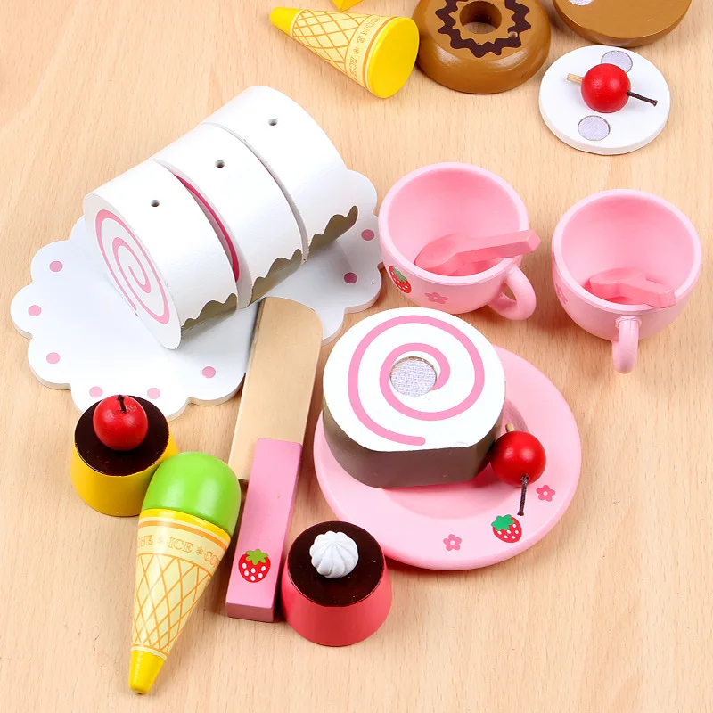 Wooden Birthday Cake Toy Children  Kids Pretend Children Play House Cooking Set Toy Kitchen Toys with Food