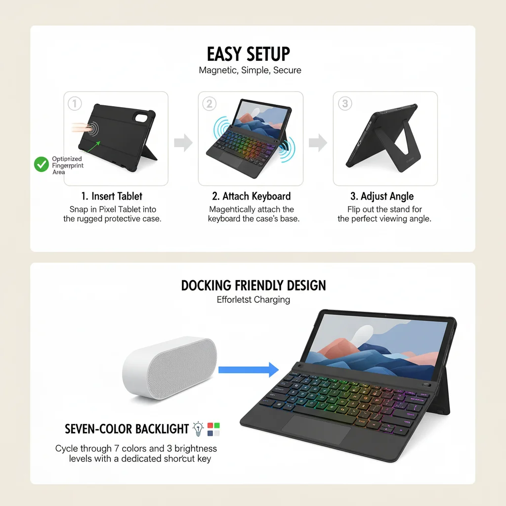 product magnetic keyboard case for google pixel tablet 11 inch adjustable angle detachable portable speaker dock backlight laudtec-5