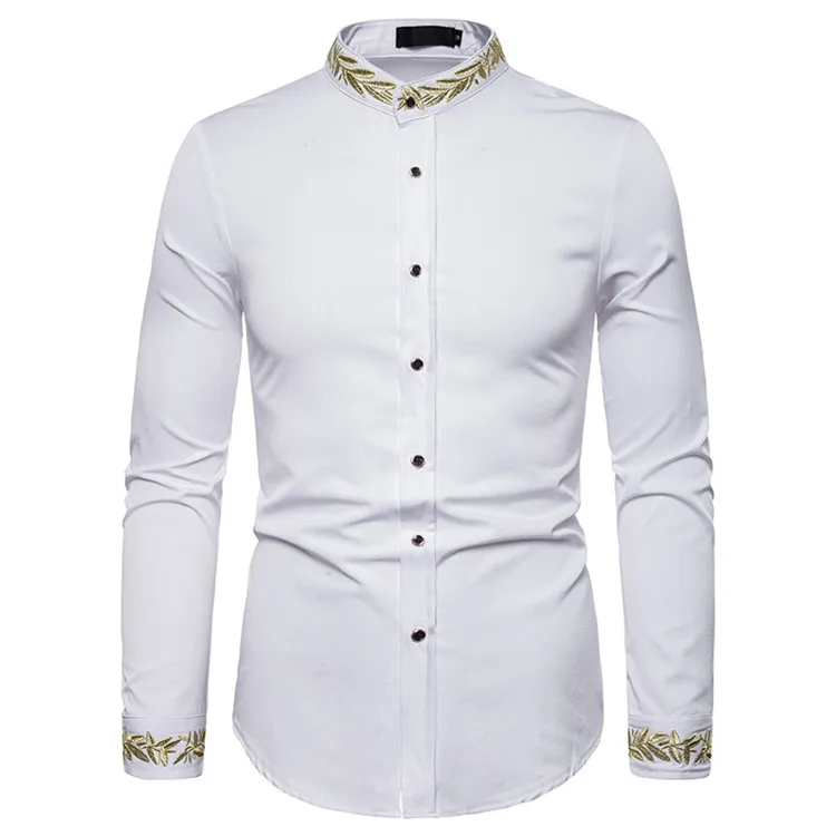 Men's Banded Collar Dress Shirt with Embroidery 