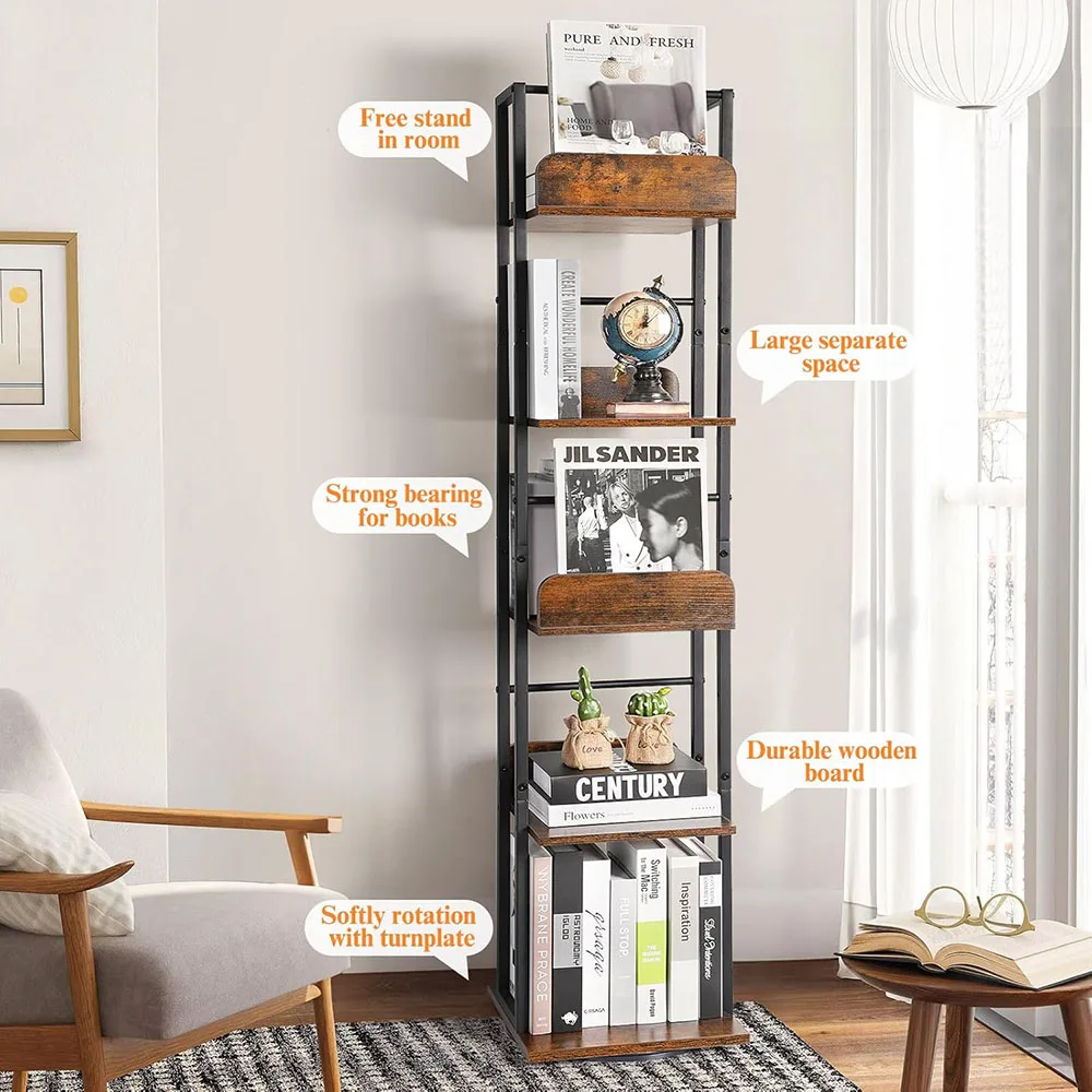 Modern 360 Display Spinning Ladder Shelf 5-Tier Narrow Tall Bookcase Small Corner Living Room Book Shelves manufacture
