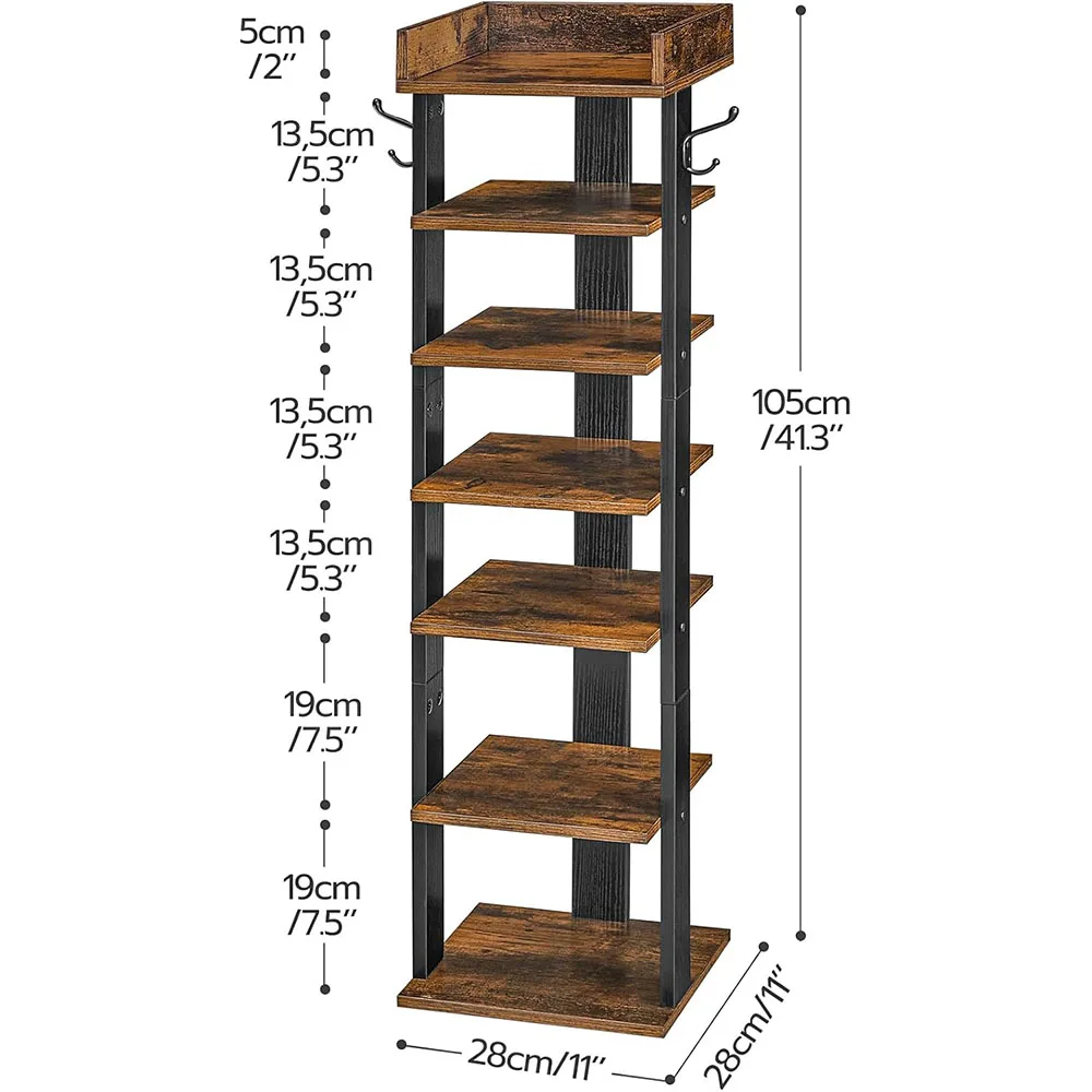 7 Tier Rustic Brown Wooden Vertical Shoe Rack Modern Design Narrow Space-Saving Shoe Tower for Bedroom & Living Room details
