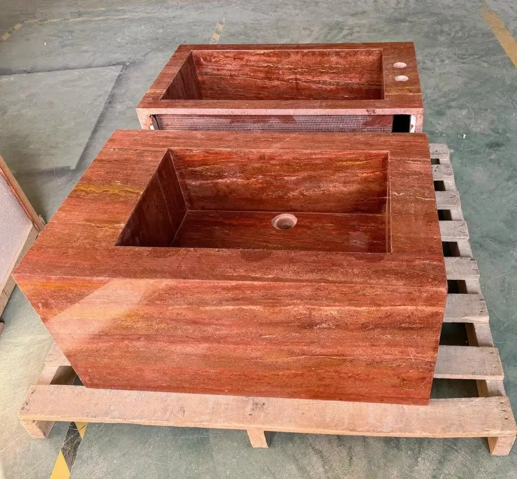 product modern design natural red travertine hand wash basin polished for indoor villa hotel bathroom and toilet use-1