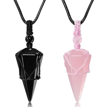 Rose Quartz Obsidian Crystal Natural Stone Hexagonal Black Pink Chakra Pendants Couples Necklace Set For Lovers Jewelry Gift