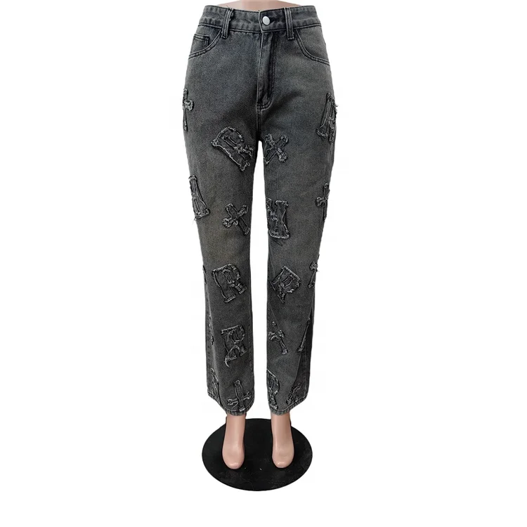 Fashion Letter Patch Straight Jeans Women Washed Pants Female Casual Blue Straight Leg Denim Trousers