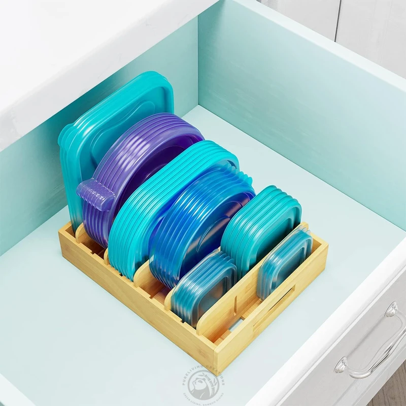 Custom Wooden Dish Rack Pot Food Lid Organizer Storage Holder Stand Kitchen Cabinet Organizer Food Storage Container Organizer