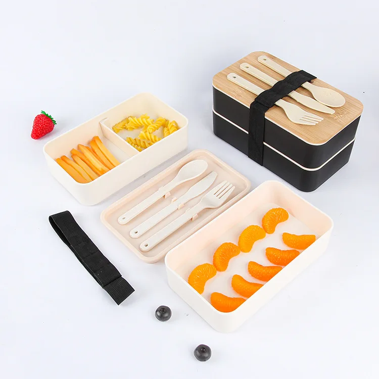 Wheat straw  Double-layer Japanese bento box Household compartments crisper box student lunch box