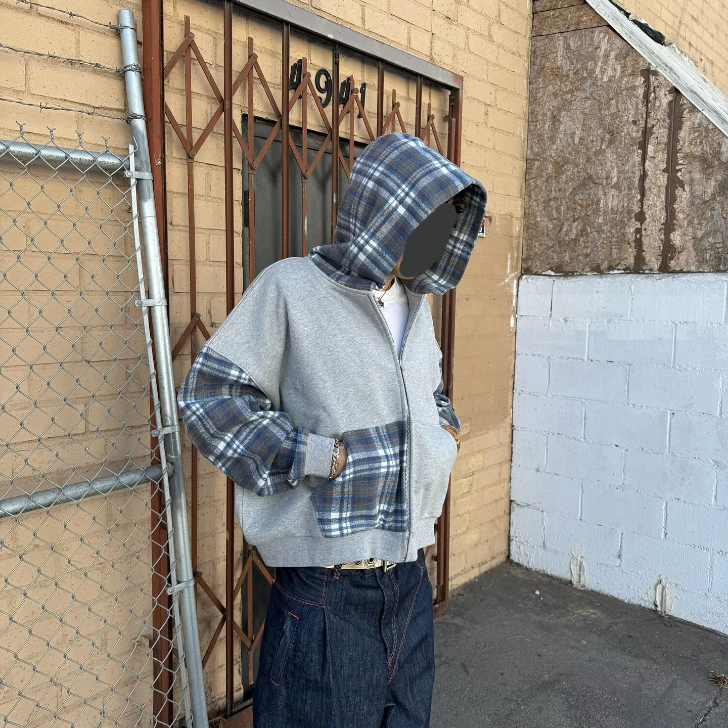 Clothing Manufacturers Custom French Terry 100% Cotton Plaid Patchwork Color Block Zip up Hoodie Jacket for Men factory