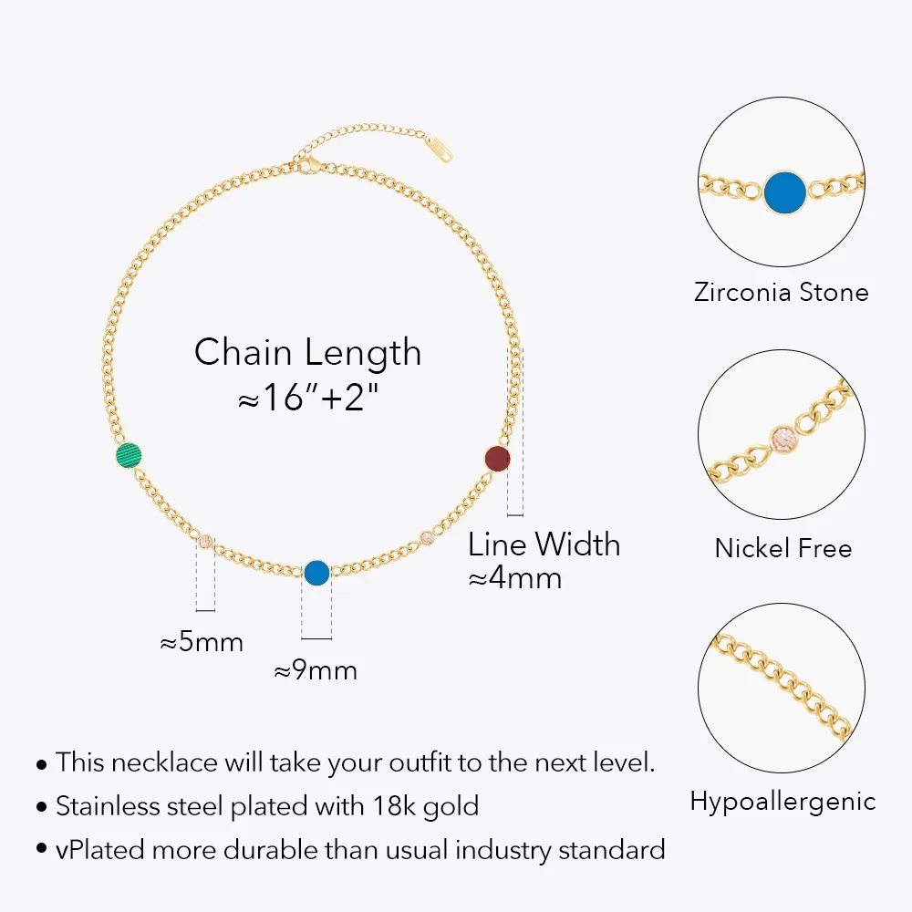 Latest 18K Gold Plated Stainless Steel Jewelry Cuban Chain Colorful Acrylic Disc Zircon Charms For Women Necklaces P233375