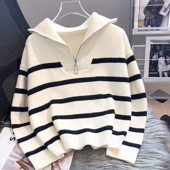 Autumn and winter thickened inner wear new zipper striped bottoming shirt top knitted long sleeve sweater pullover for women