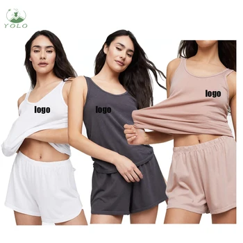 Womens Cotton Pajamas Sleepwear Lounge Wear Solid U Neck Sleeveless Tank Tops Soft Shorts Pajama Set Woman Nightwear With Pocket