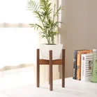 Plant Wood Indoor Decoration Corner Greenhouse Concrete Small Round Grey Plant Flower Pot With Wooden Plant Stand
