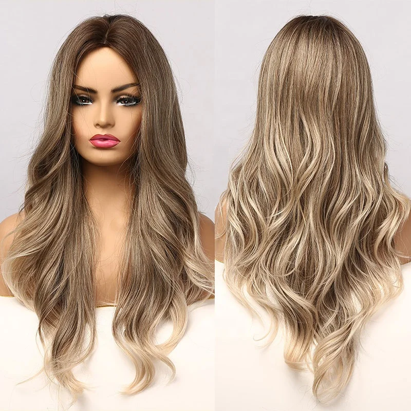 Synthetic Lace Front Wig Long Wavy Ombre Brown Blonde Synthetic Wigs