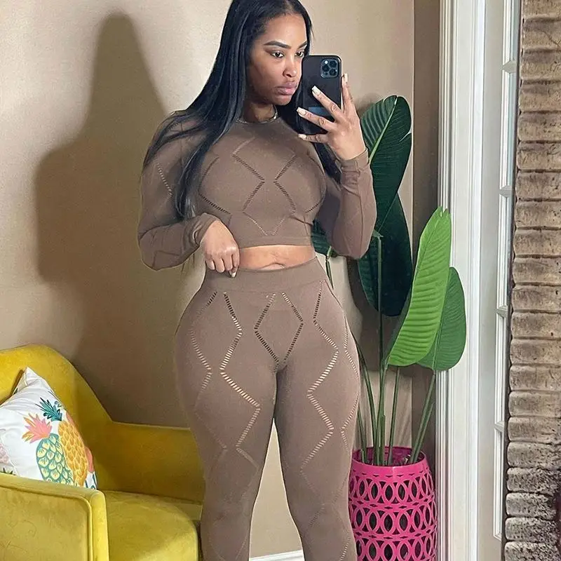 New arrival Crop top Fall Jogger Suit 2 Piece Set Casual Outfits Hollow out Two Piece Pants Set Fall 2023 Women Clothes