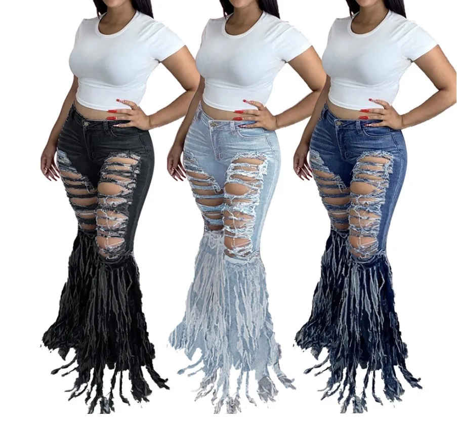2023 Wholesale hot sale women pants new stretch jeans casual wear stacked women tassel jeans fall ripped bell bottom jeans