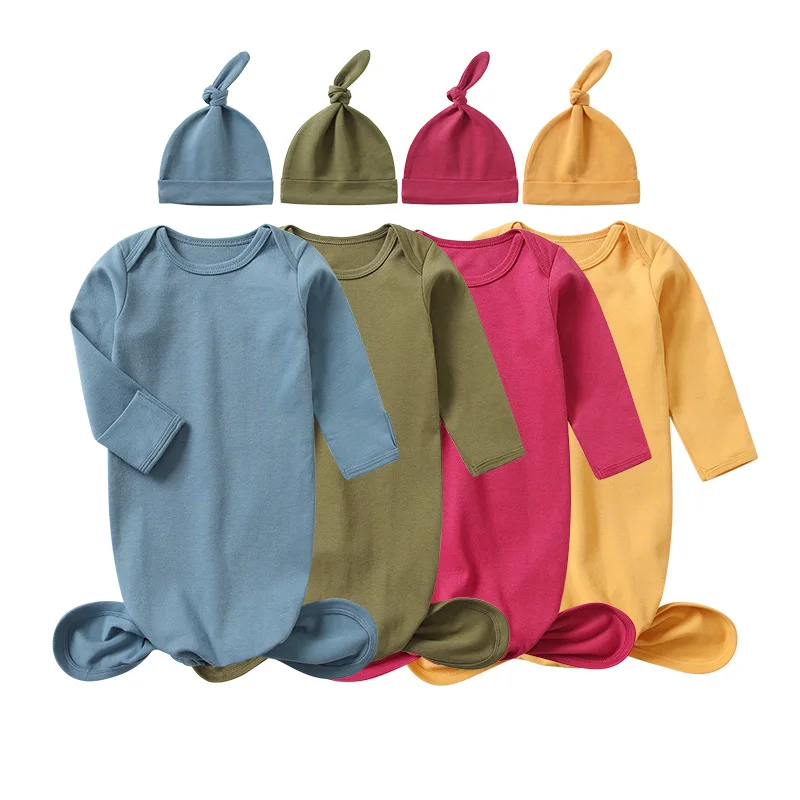Newborn Baby Sleeping Bag Hat Set Spring Summer Baby Pajamas Anti Kick and Jumping Swaddle Knitted Solid Infant Sleeping Bag