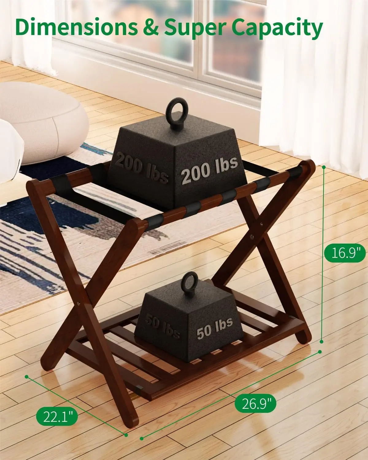 Fully Assembled Bamboo Luggage Rack 5 Strip Suitcase Stand with Shoe Rack Folding Luggage Holders