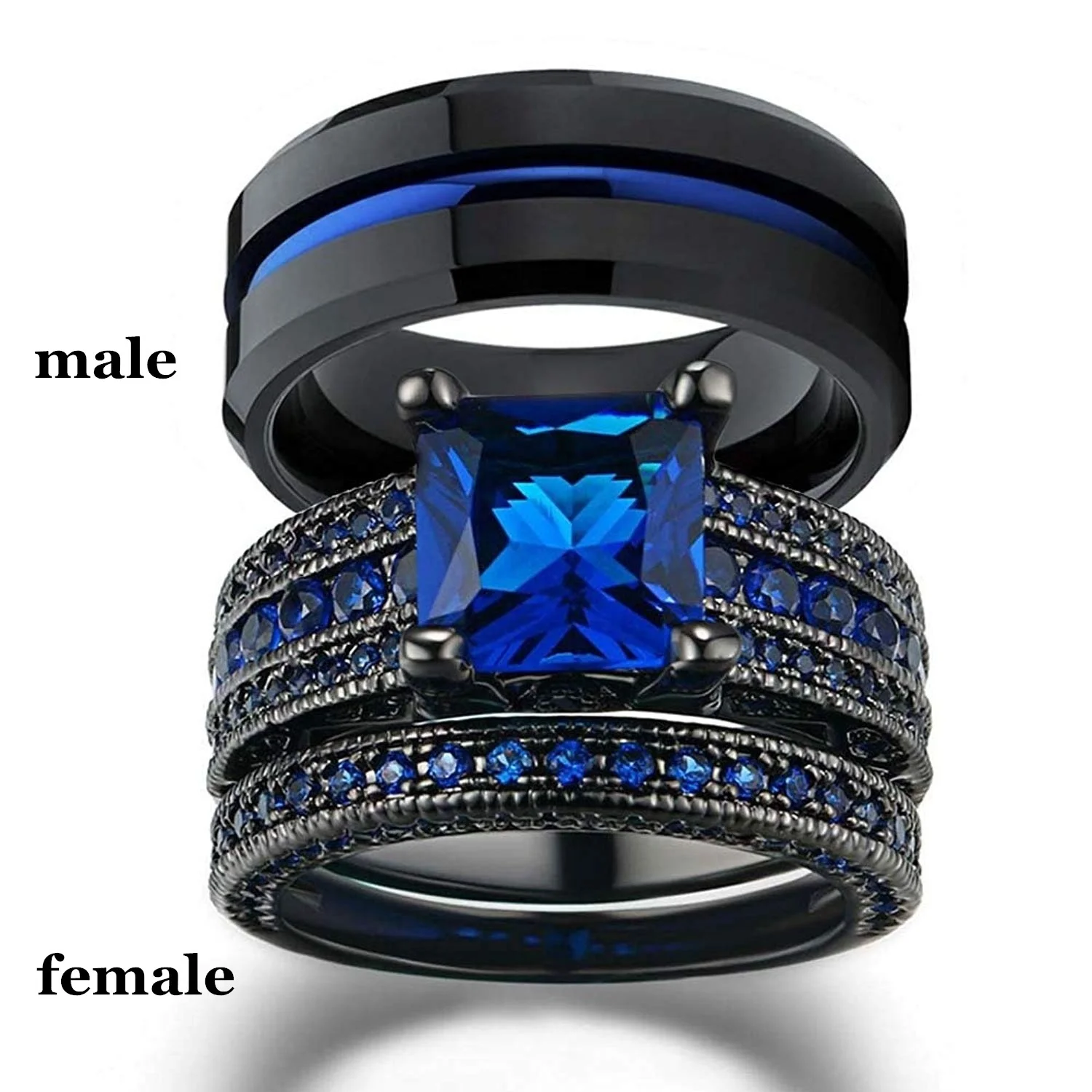 His Stainless Steel Black and Her Black plated cz engagement wedding ring set 