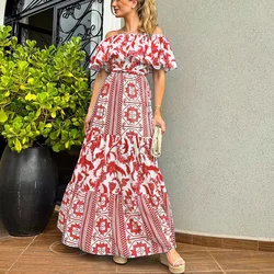 2022 New arrival fashion sexy off-shoulder Bohemia printed casual temperament dress ladies vacation high waist maxi dress