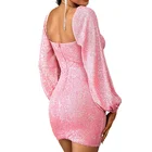 Color Custom Solid Color Lady Pink Sequined Lantern Long Sleeve Dress Mini Dress 2021 Elegant Party Club For Women