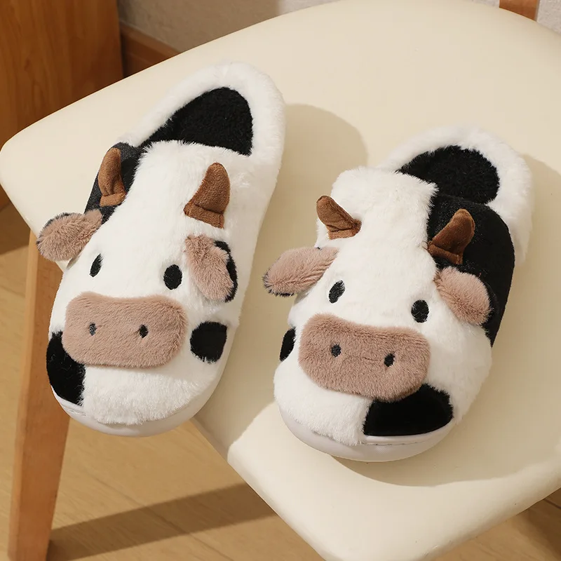 Autumn winter warm home indoor anti slip cartoon animal cow plush slippers for woman