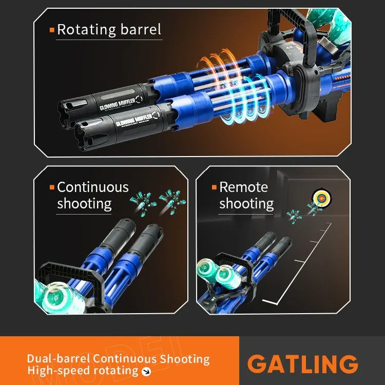 Double Barreled Gatling Electric Shooting Guns Automatic Gatling Launcher Fire Effects Gatling Guns Toys With Rotation Barrel