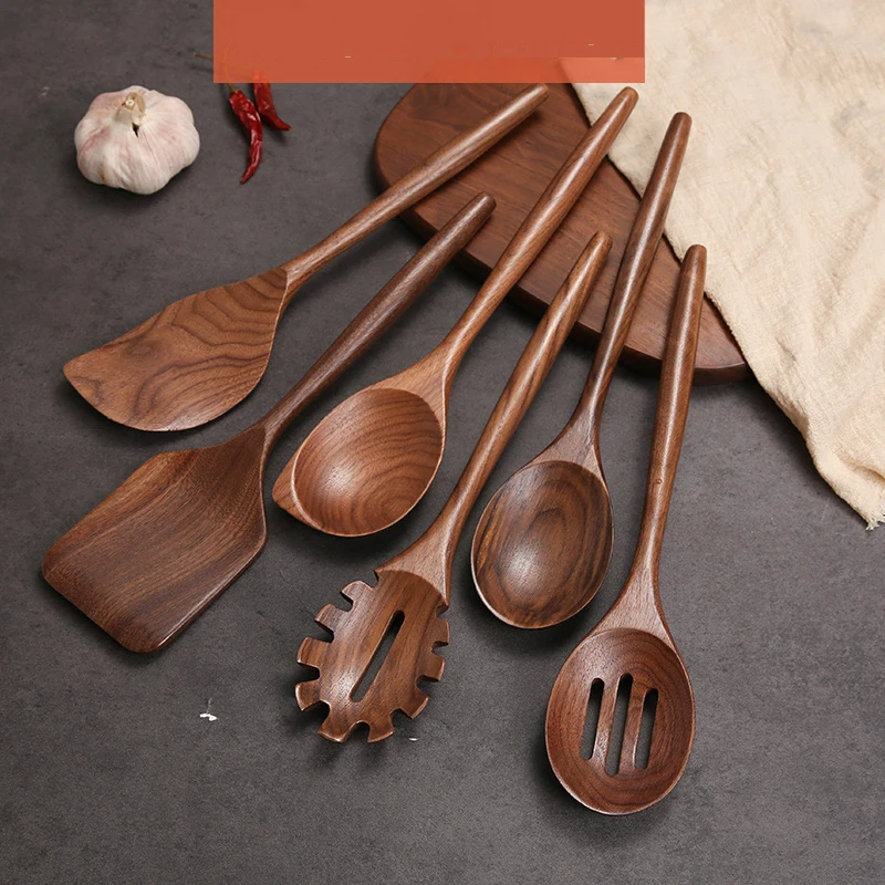 Wooden Spoons for Cooking Nonstick Wood Kitchen Utensil Cooking Shovel Natural Walnut Kitchen Utensils Set Of 6 PCS