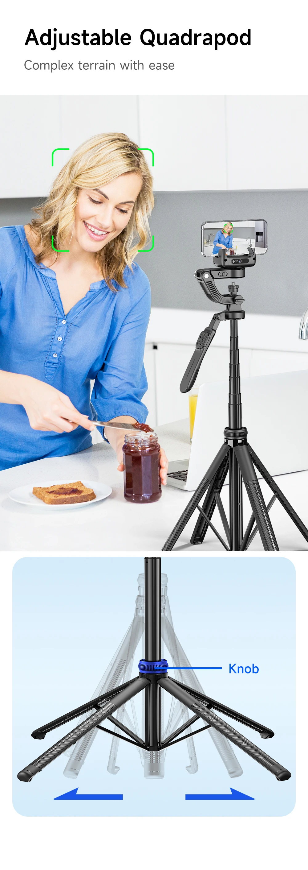 C16 Intelligent AI Face Tracking 360 Rotating Single Axis Gimbal Stabilizer Aluminum Alloy Rod Quadrupod Selfie Stick Light 540g