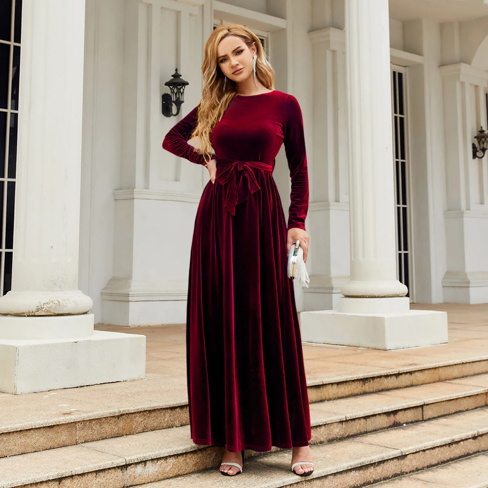 Europe and America Women Autumn and Winter Elegant  Style Long Sleeve Dress Velvet Solid Color O-Neck Dress