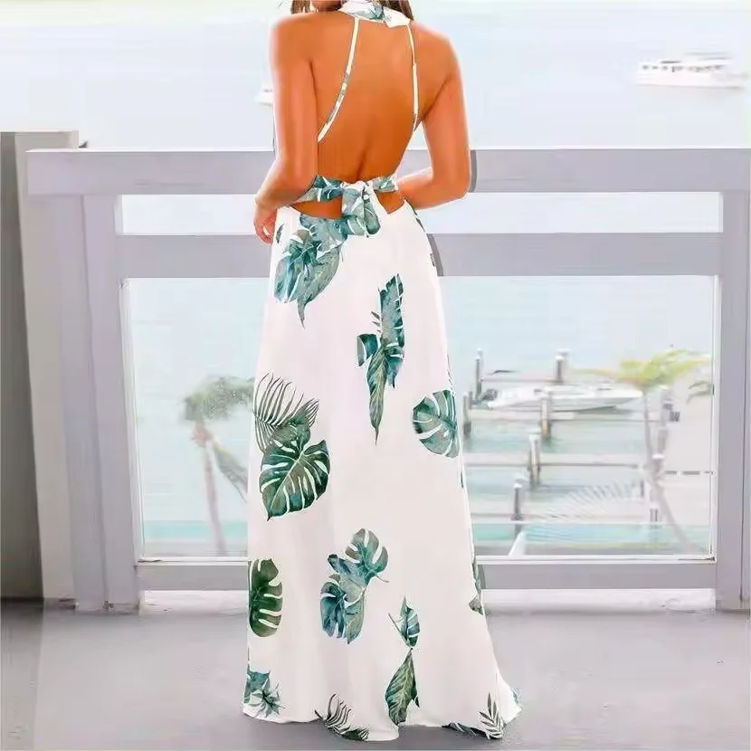 Fashion Halter Strapless Floral Maxi Dresses Sundress Sexy Woman Printed Boho Dresses Beach Party Suspenders Casual Dresses