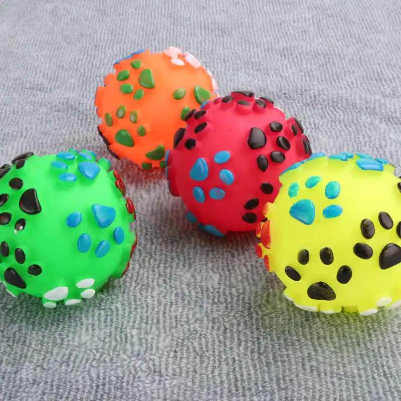 Ball Squeak Playing Toy 7cm Rubber Pet Dog Paw Print Ball Toy Sound Squeaky Squeaker Dog Cat Chew Interactive