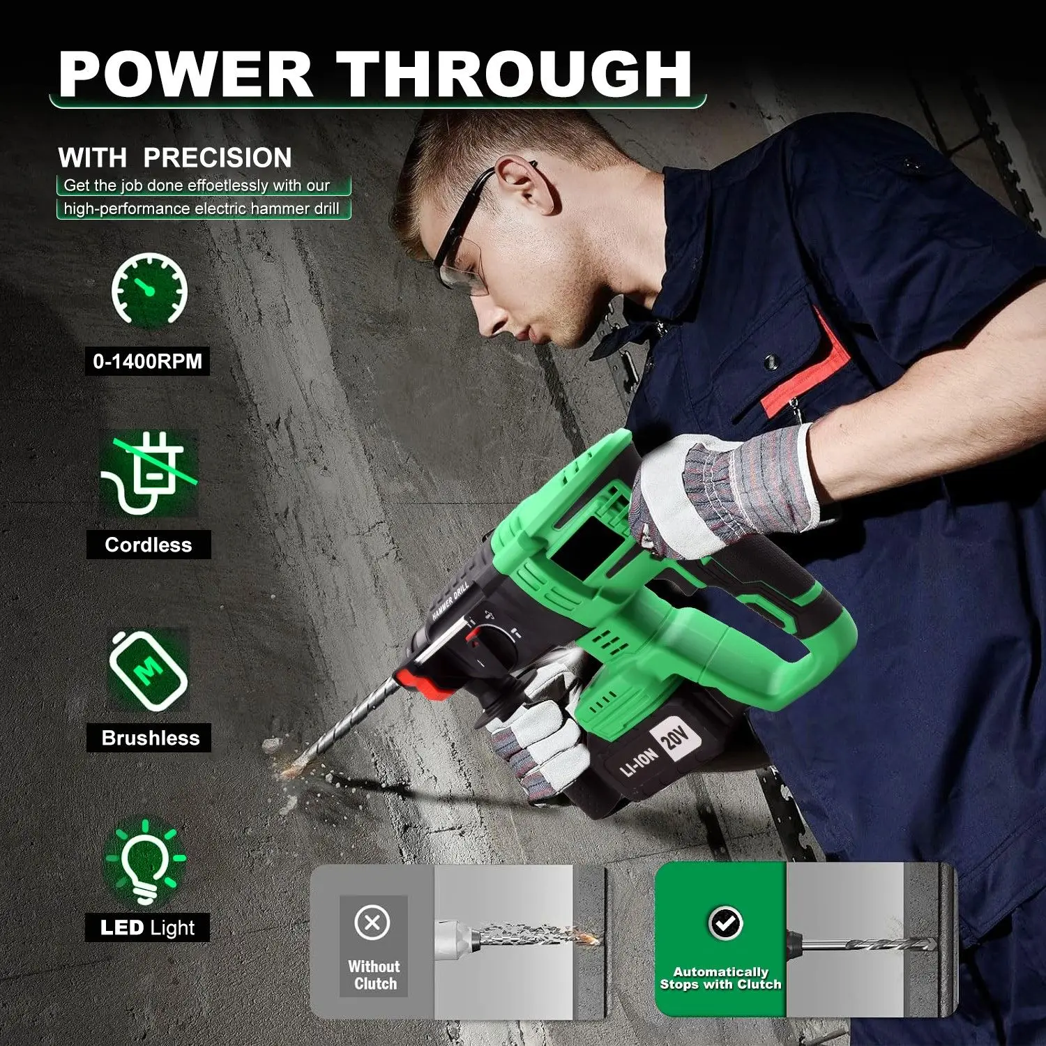 20V Cordless Hammer Drill, Electric Rotary Hammer for Demolition and Drilling
