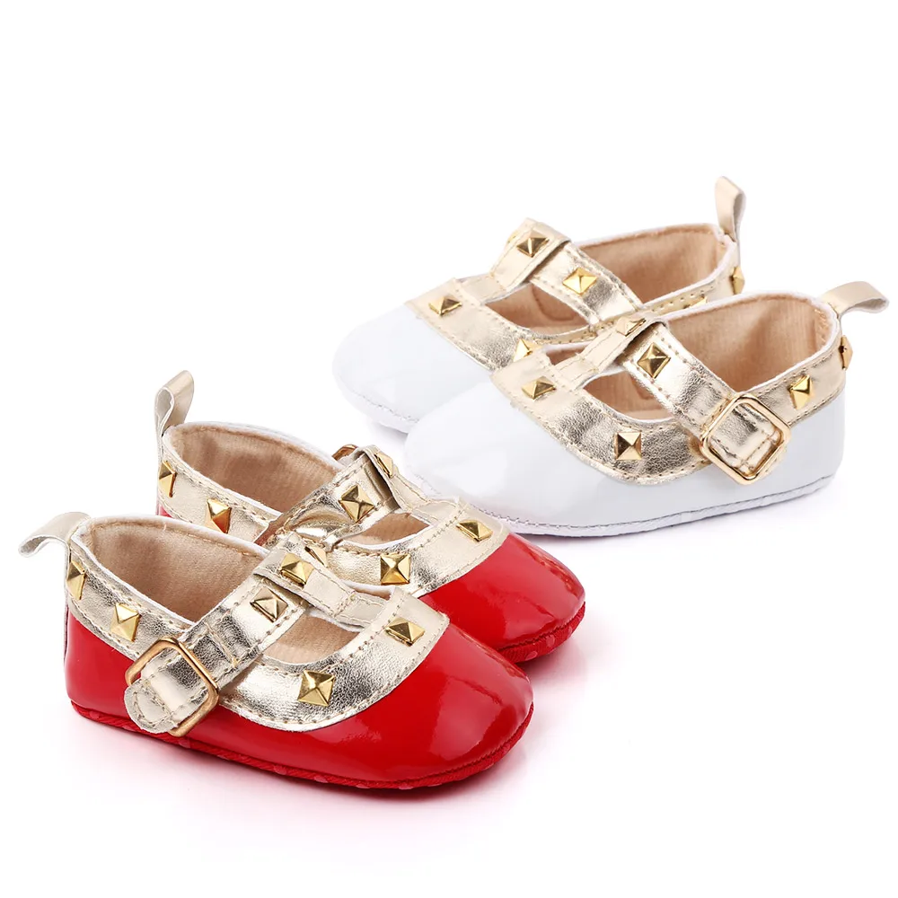 Bright Spliced Geometric Metal Decorated Baby Girls Pretty Princess Walking Shoes factory