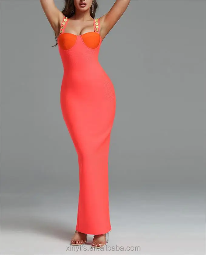 Strappy Sleeveless Maxi Fashion Party Dress Long Evening Dress Studded Bandage Slit Color Blocked Corset