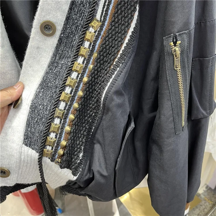Fashion Women's Jacket Rivet Patchwork Tassel V-neck Long Sleeve Single Breasted Contrast Color Coat