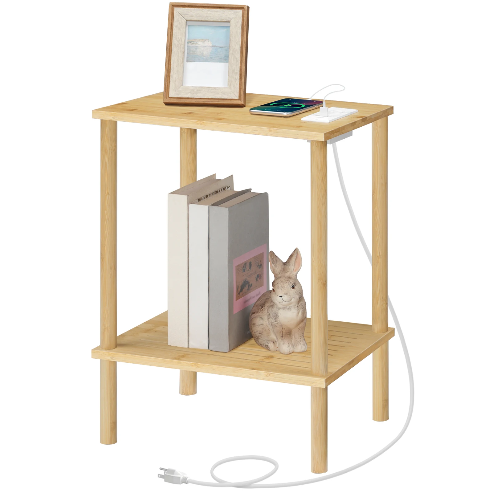 Wholesale Bamboo Bedside Cabinet Nightstand Bed Living Room Coffee Side Table With Charging for Bedroom