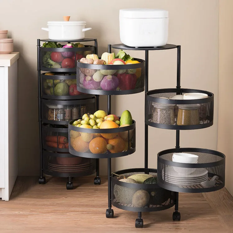 Floor-standing Round Kitchen Cart Trolley Vegetable And Fruit Organizer Multi-layer Carbon Steel Rotating Storage Rack