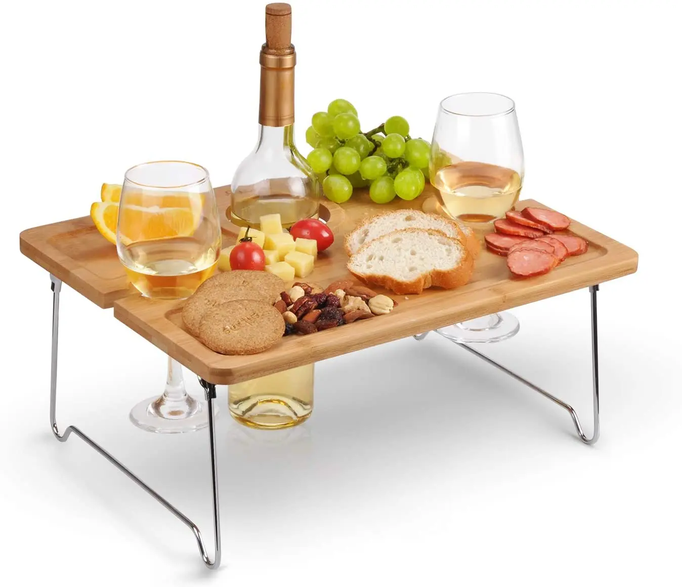 Alderaian Folding Wine Picnic Table with Glass Holder Beach Outdoors Portable Wooden Snack Table with Compartmental Tray for Cheese and Fruit Ideal for Camping 