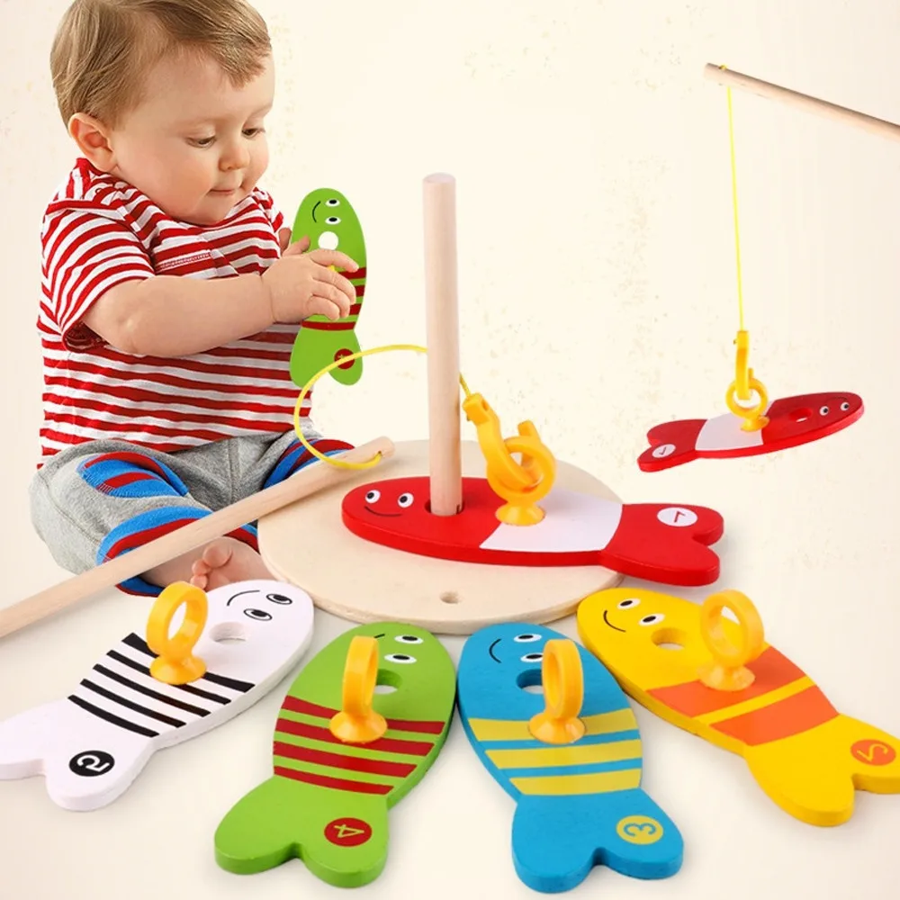 Wooden Montessori Toy Colorful Fishing Digital Column Baby Toy for Children 8pcs 
