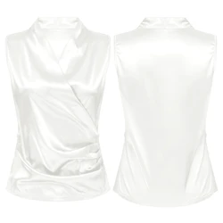 In Stock Womens V Neck Sleeveless Blouse Tops Ladies Office Ruched Satin Shirt Tank Top