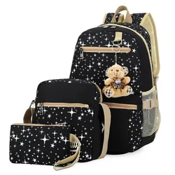 New 3pcs/set Of Children's korean Fashion casual school bags Girls Star Printing canvas Teen Backpack School Bags