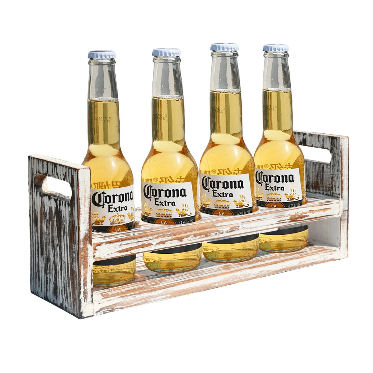 Handcrafted Antique Free Standing Rustic 4 Slots Wooden Beer Bottle Holder With Handle For Party & Kitchen