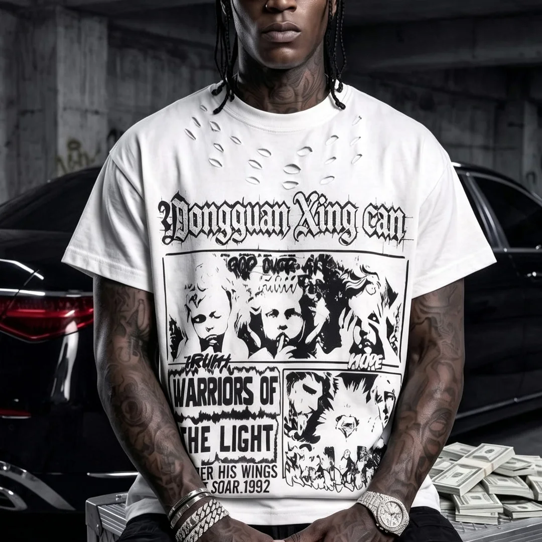 product custom men summer vintage distressed neckline cropped t shirt screen printed streetwear short sleeve tee with oem custom service-2