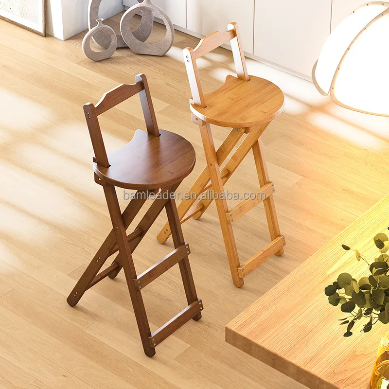 ODM Customizable Collapsible Bar Chairs with Backrest Folding Portable Bamboo Wooden High Bar Chair Stool For Kitchen Restaurant