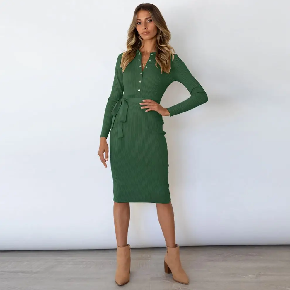 Latest Design Shirt Collar Women Winter Sweater Dresses Solid Color Slim Wool Dress Midi Knitted Winter Dresses For Ladies