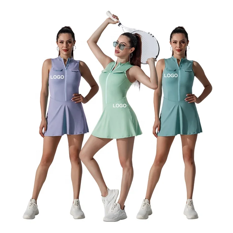 Logo Custom Tennis Clothes Dress One Piece Beach Tennis Dress With Zipper Golf Sports Wear Women Summer Dress Skirt