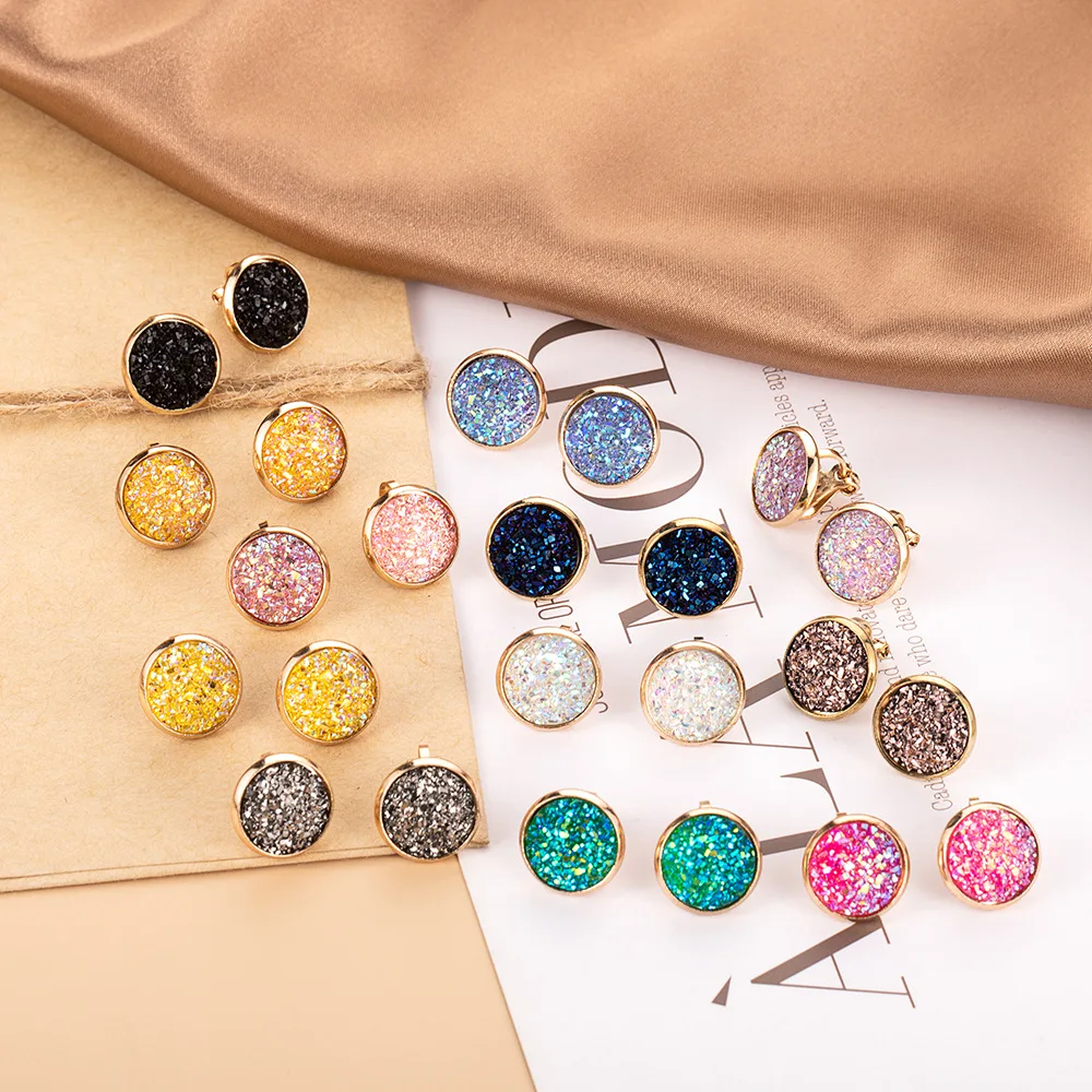 12 Pairs/set Fashion Clipon Earrings Cute Colorful Druzy Earrings For