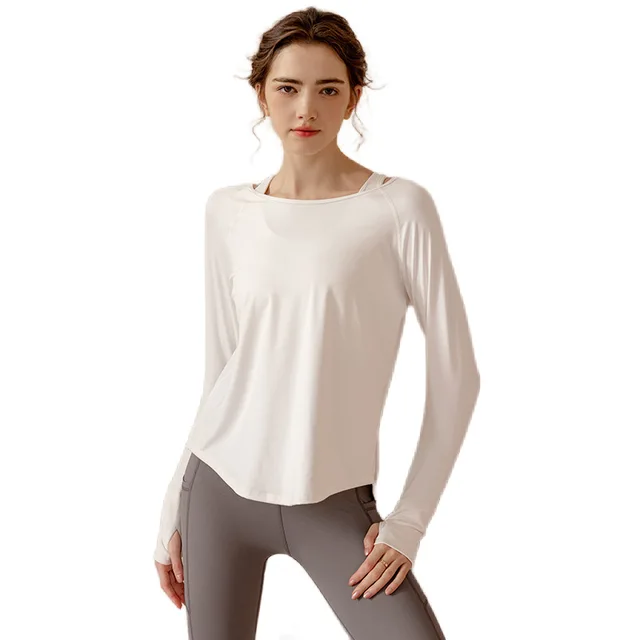 Fashion Yoga Wear Fast Dry Fitness Top Women's Pullover T-shirt Sports Long-sleeved Round Neck Mesh Print Clothing