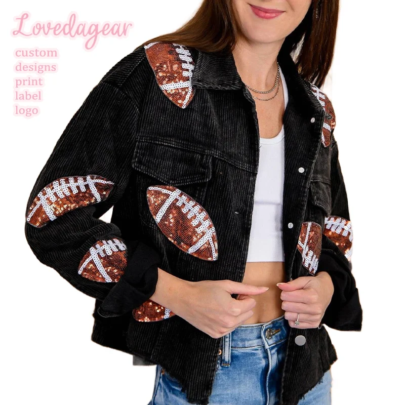 Custom Women Sequin Embroidery Corduroy Shacket Black Football Sequin Jacket