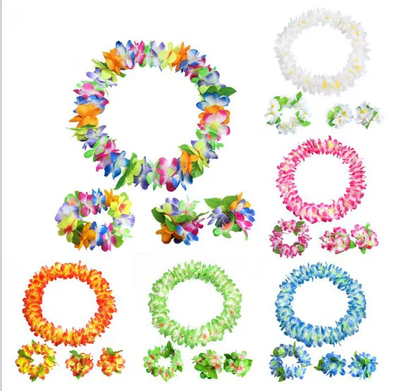 Hawaiian Luau Flower Leis Jumbo Necklace Bracelets Headband Set 