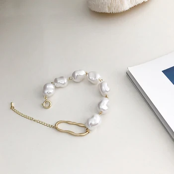 Faux Large Rice Pearl Bracelet White Baroque Pearl Bracelet Layering with Circle Irregular Pearl Bracelets for Women